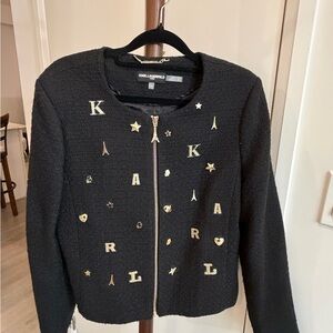Karl Lagerfeld Black Tweed Zip Jacket with Gold Lettering